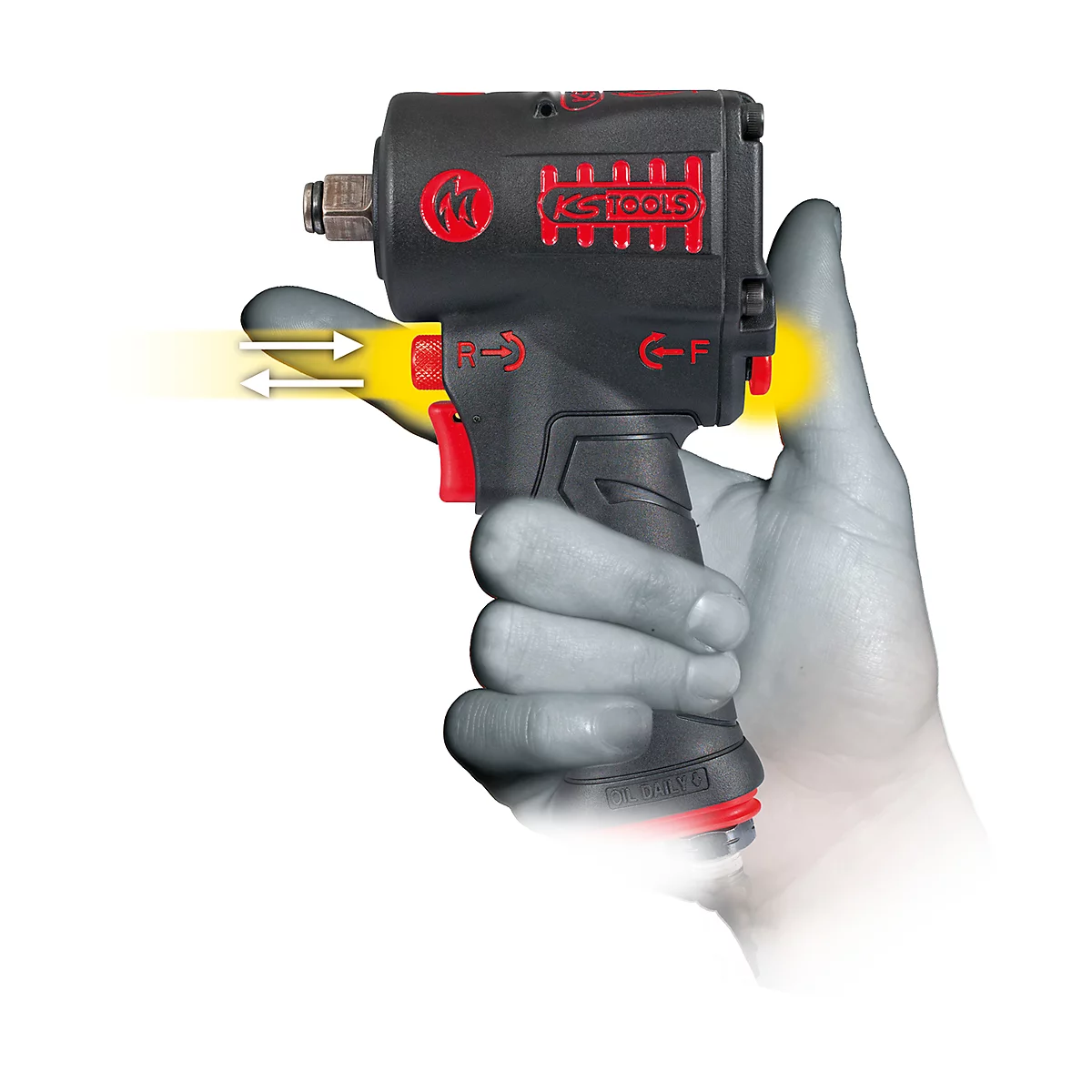 Schwarzer Druckluftschrauber, gehalten in einer Hand. Gelbe Pfeile zeigen die Bedienrichtung.